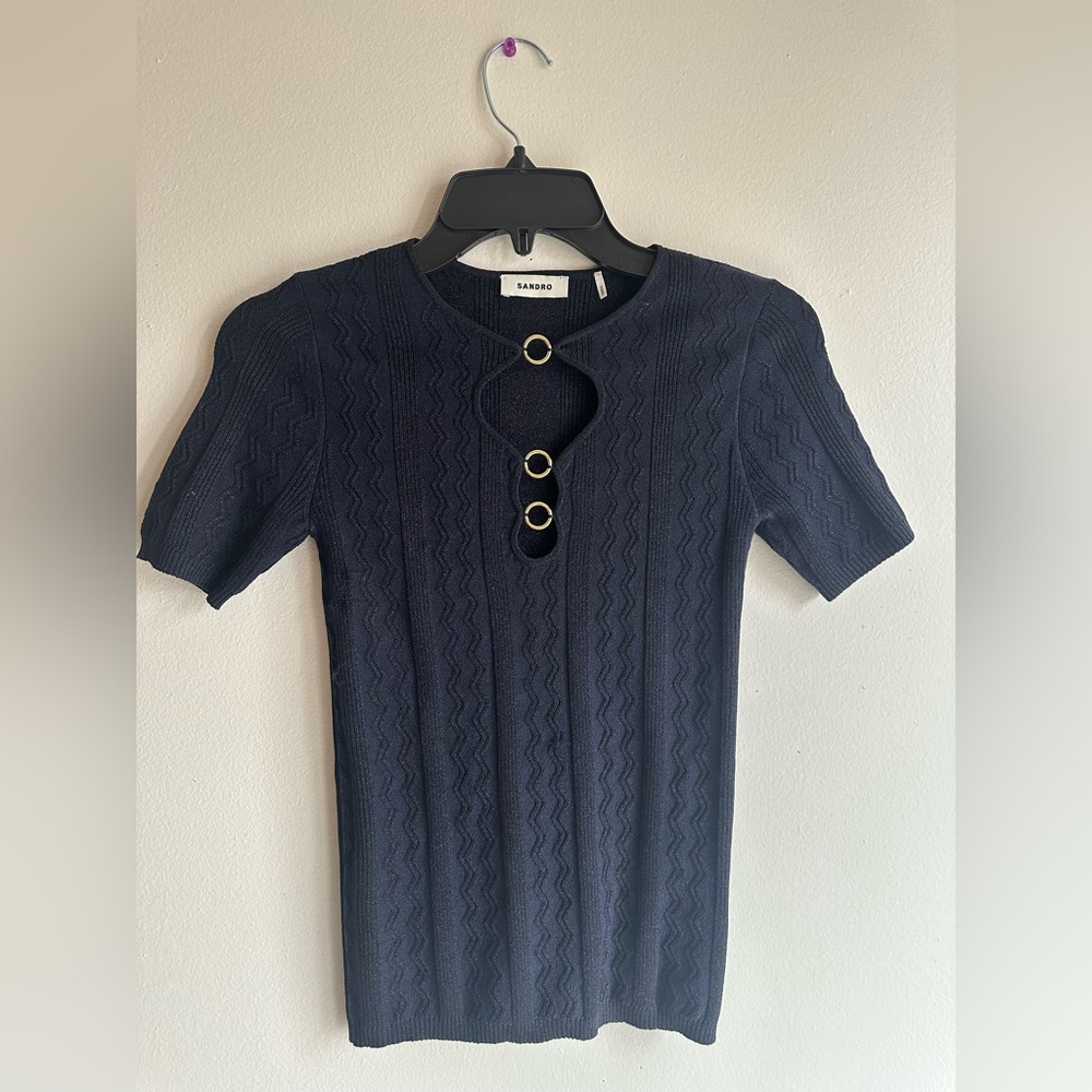 Sandro Navy Knit top with Gold Accents size 1